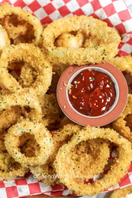 Baked Onion Rings with a bowl of ketchup