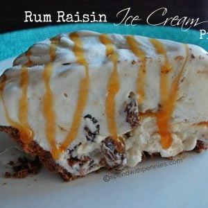 slice of rum raisin ice cream pie drizzled with sauce