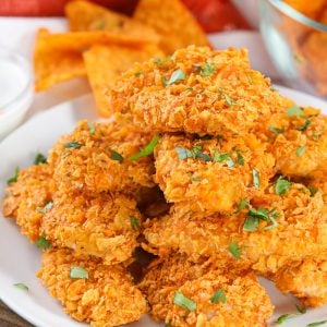 Dorito Chicken Tenders on a plate with parsley