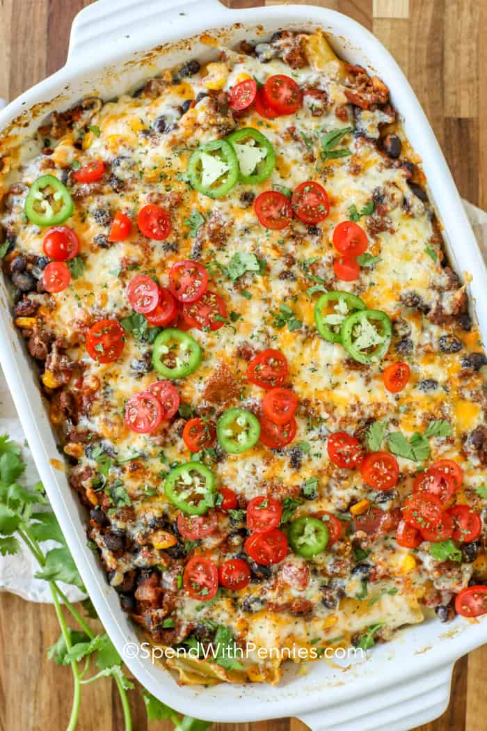 Taco Lasagna in a baking pan