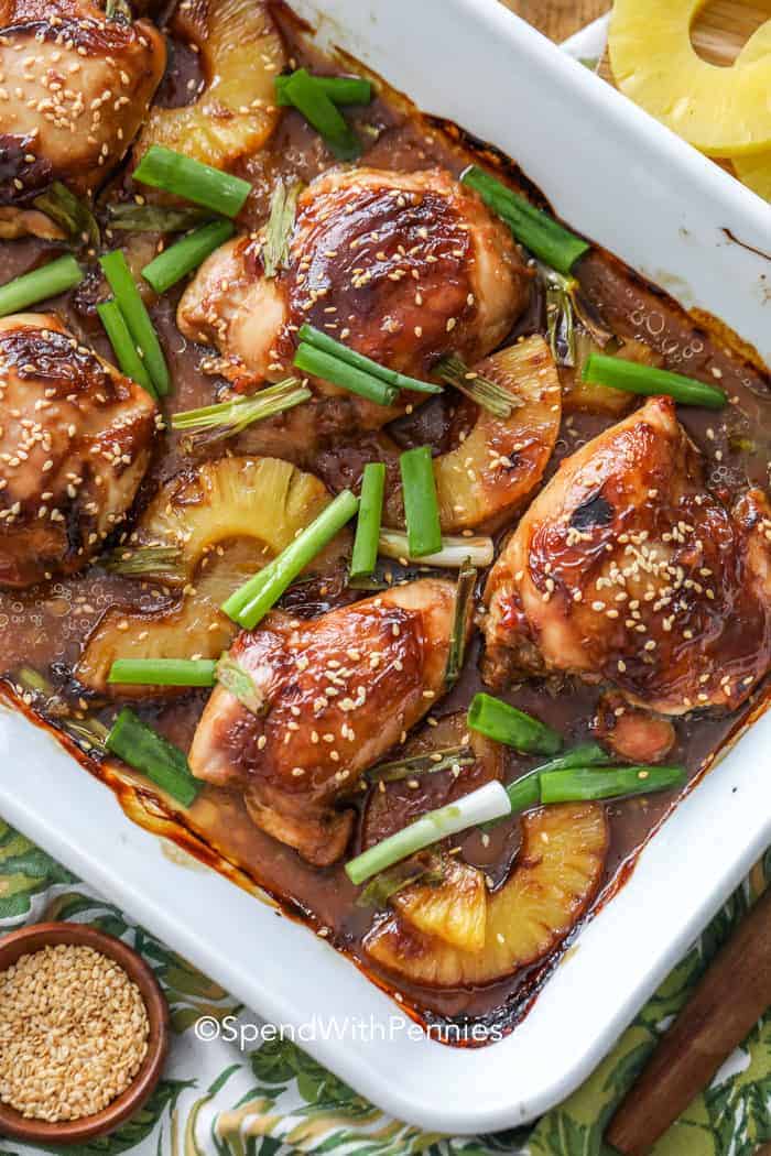 Overhead picture of Pineapple chicken teriyaki in a white baking dish