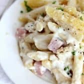 Cordon Bleu casserole on a plate with parsley