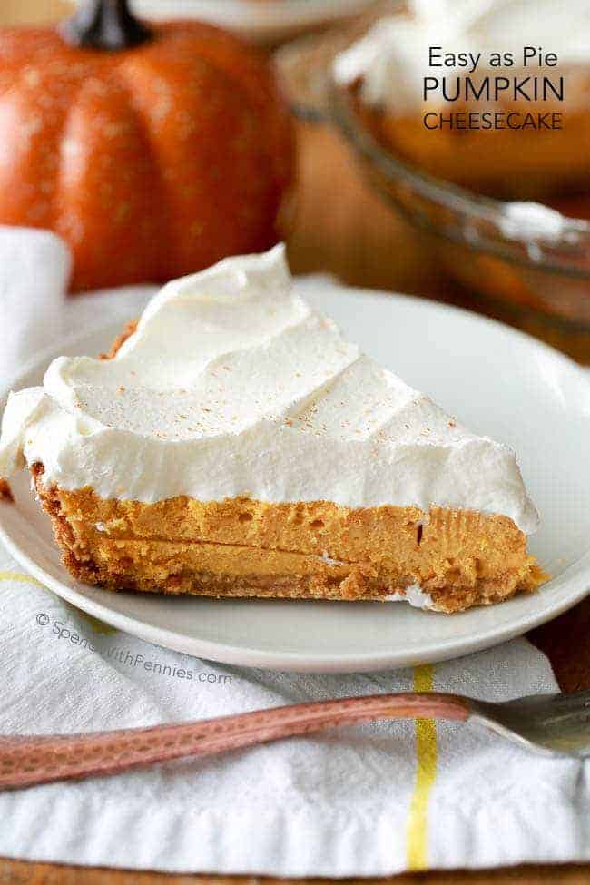 Pumpkin Cheescake on a white plate with text