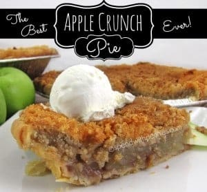 a slice of Apple Crumb Pie with ice cream and a pie in the background