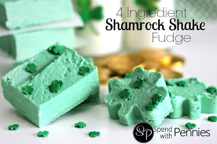 4 ingredient shamrock fudge with shamrock sprinkles and some cut in shamrock shapes
