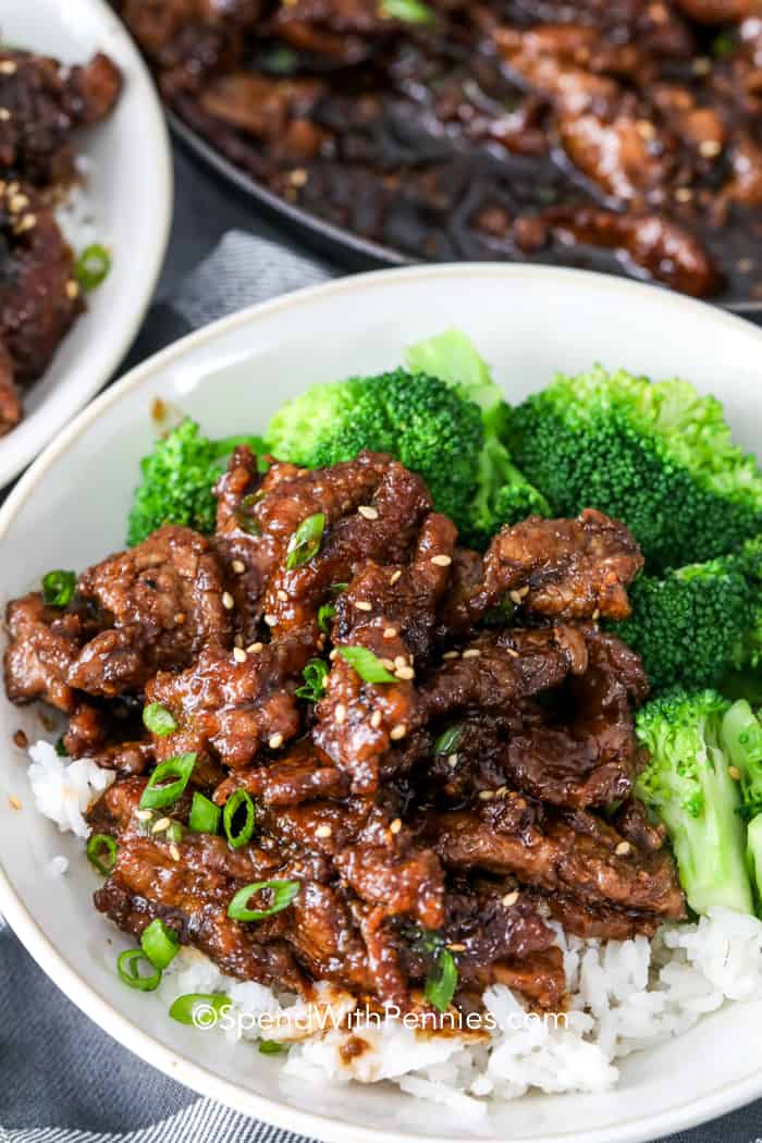 Mongolian beef on rice with broccoli