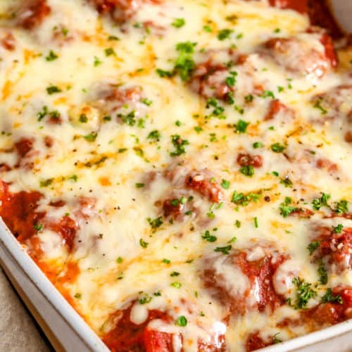 Spaghetti and Meatball Casserole with parsley