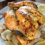 Lemon Roast Chicken on a plate with lemon slices and onion