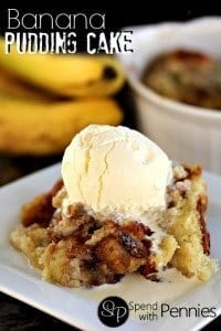 a serving of Banana Pudding Cake with ice cream on a white plate with bananas and a casserole dish in the background