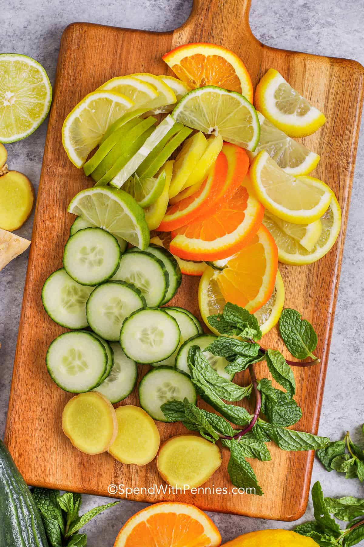 Slices oranges, cucumbers, lemons and limes