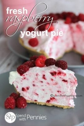 yogurt pie with raspberries shown with a title
