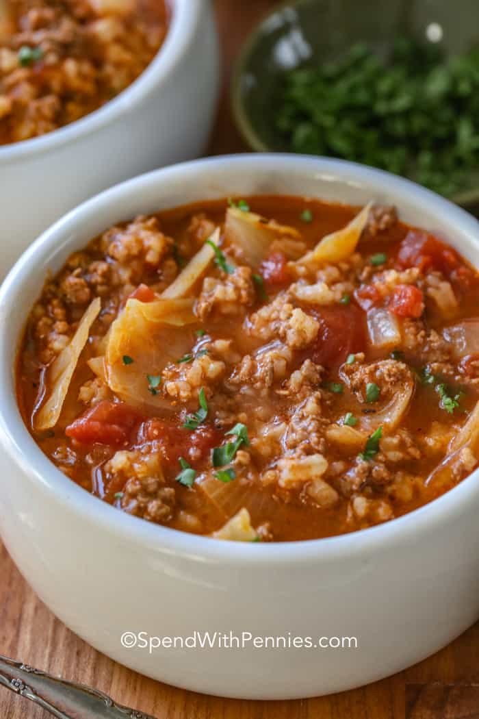 Cabbage Roll Soup in a white bowl