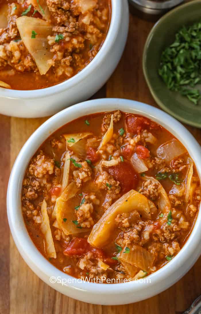 Cabbage Roll Soup is my favorite way to enjoy cabbage rolls! Loads of cabbage, meat and rice in a flavorful tomato broth make the perfect comfort food!