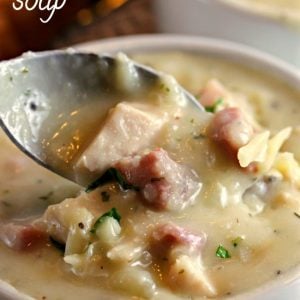 a close of up Chicken Cordon Bleu Soup on a spoon