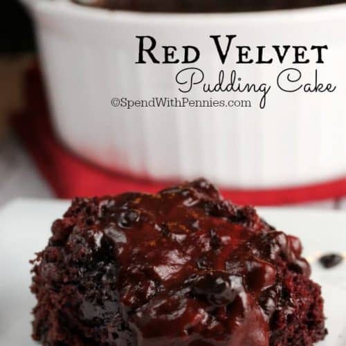 Red Velvet Pudding Cake with the dish in the background
