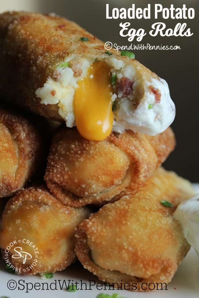 Loaded Mashed Potato Egg Rolls. Crispy egg rolls stuffed with creamy loaded mashed potatoes and gooey cheese! This may be my favorite egg roll recipe yet!