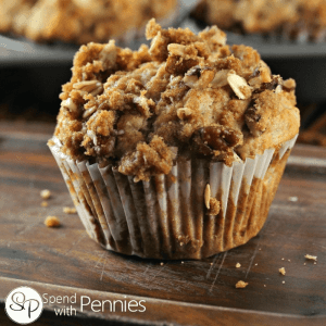 Banana Nut Muffins topped with a deliciously sweet & crunchy pecan streusel