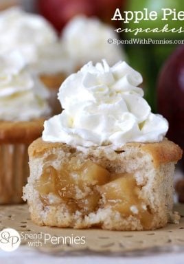Apple Pie Cupcakes!! Our favorite cupcakes ever! Soft fluffy cinnamon cupcakes with a surprise apple pie filling in the center! These are SO easy to make!