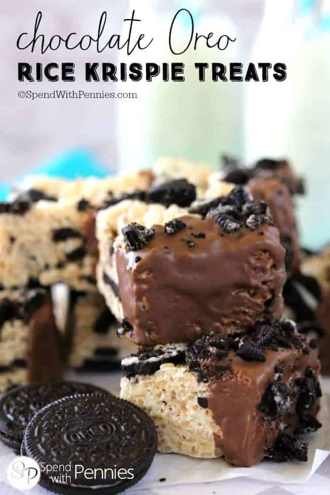 a plate of Chocolate Oreo Rice Krispie Treats combine our favorites; Rice Krispie Treats