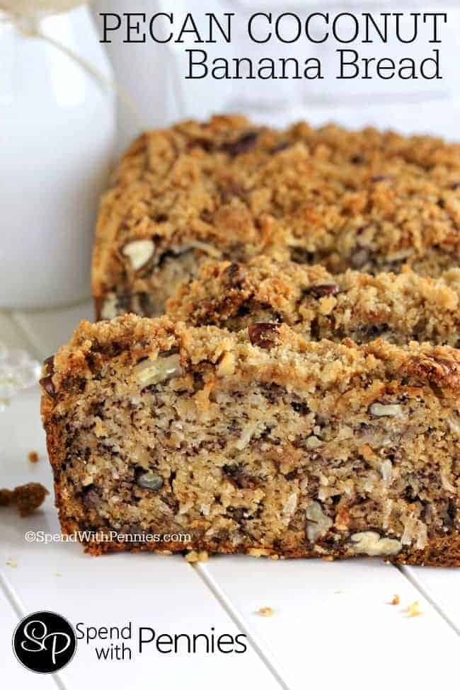 close up of slices of Pecan Coconut Banana Bread with a streusel topping