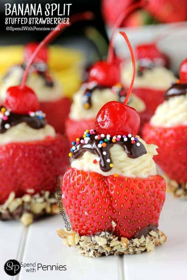 Banana Split Stuffed Strawberries arraigned in a group