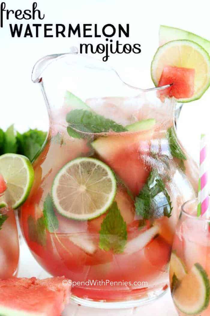 Big glass jug of Watermelon Mojito with wording