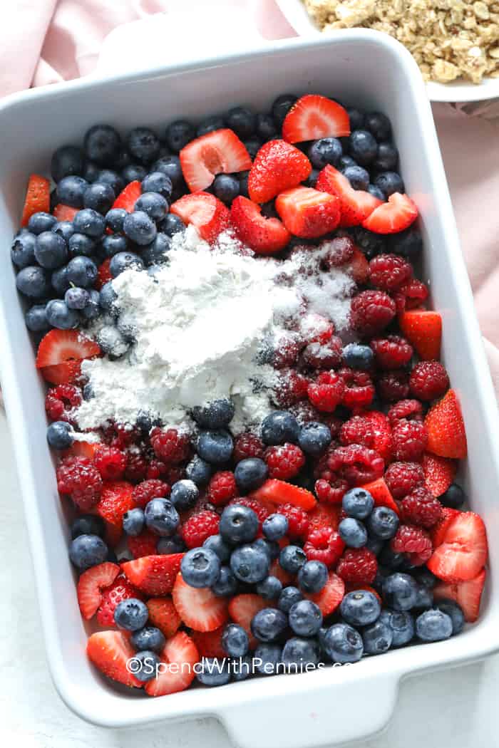 Overhead shot of fresh berries in a baking dish