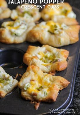 Jalapeno Popper Crescent cups are the hit of every party and so easy to make! These creamy, cheesy and spicy little two-bite appetizers bake in minutes! #spendwithpennies #easyappetizer #easyrecipe #jalapenopoppers #crescentrecipe #partyfood #gamedayrecipe #dinnerpartyappetizer #twobiteappetizer
