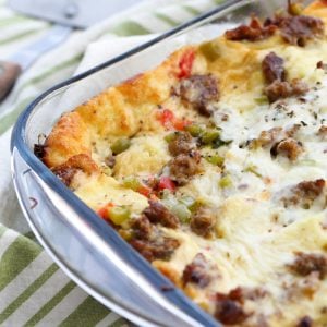 Sausage Breakfast Casserole in clear glass baking dish