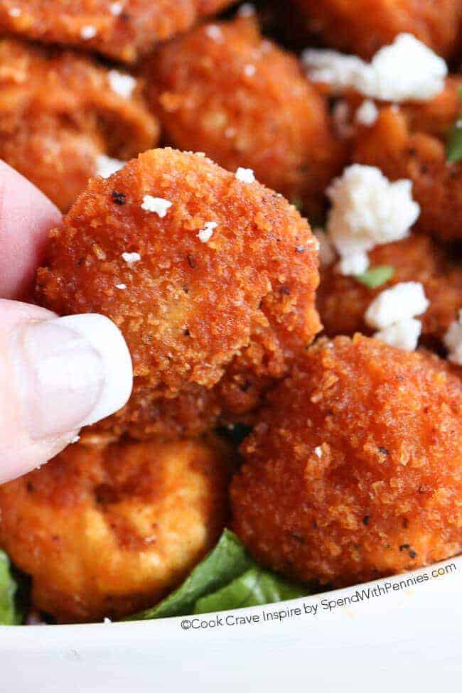 Crispy Buffalo Tortellini with blue cheese close up
