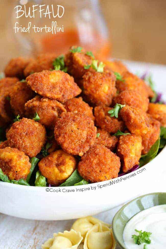 Crispy Buffalo Tortellini in a bowl with parsley