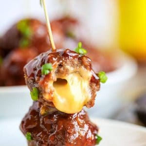 Juicy Lucy Meatballs with a toothpick