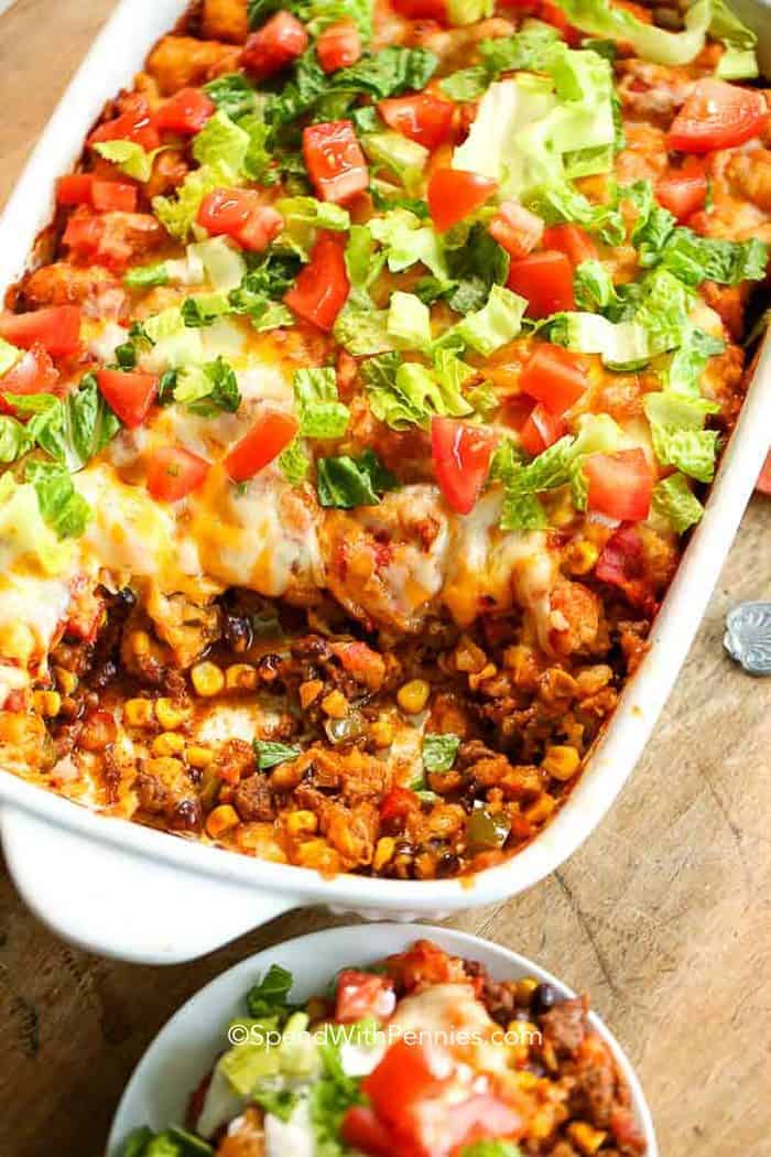 Taco Tater Tot Casserole in a dish and on a plate