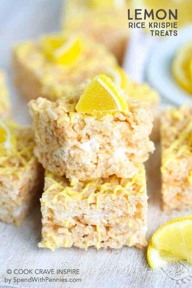 Lemon Rice Krispie Treats with a lemon candy garnish