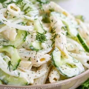 Beige bowl of Cucumber Pasta Salad