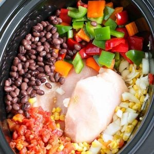 Overhead shot of chicken chili ingredients in a crockpot