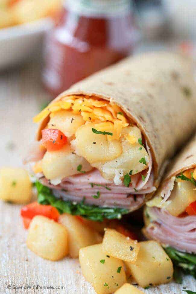 Ham & Hash Brown Breakfast Wrap with potato cubes