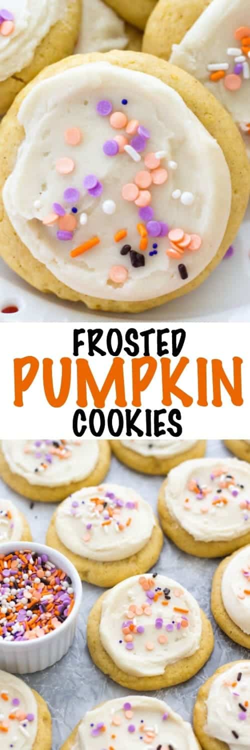 These frosted pumpkin cookies have a super soft pumpkin sugar cookie base and are topped with a deliciously easy cream cheese frosting! The perfect fall cookie!
