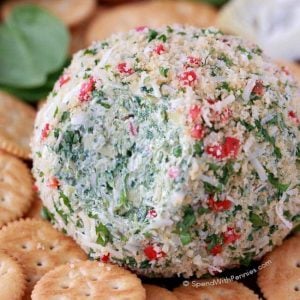 Spinach Artichoke Cheese Ball served with crackers