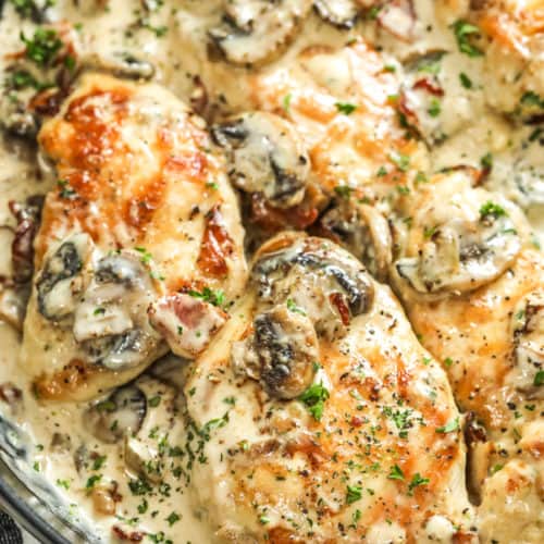 Closeup of Chicken and Mushrooms with Bacon in a pan