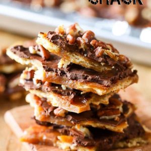 A stack of pecan toffee with a title