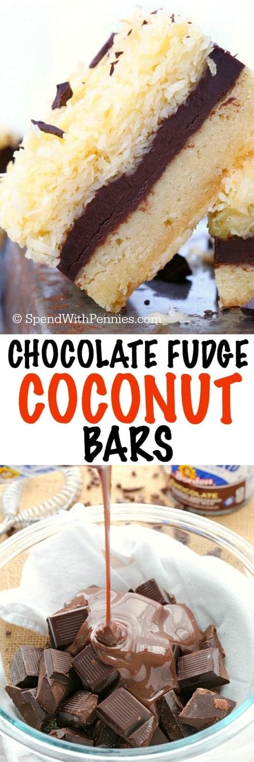 Chocolate coconut bars being made and cut with a title