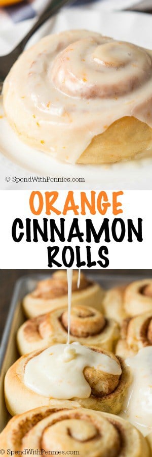 Orange Cinnamon Rolls with a title and frosting
