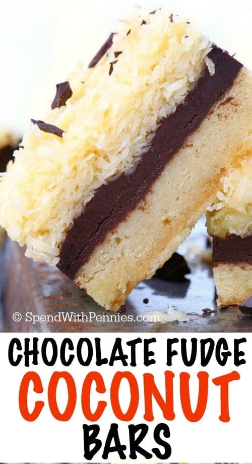 Chocolate coconut bars shown with a title