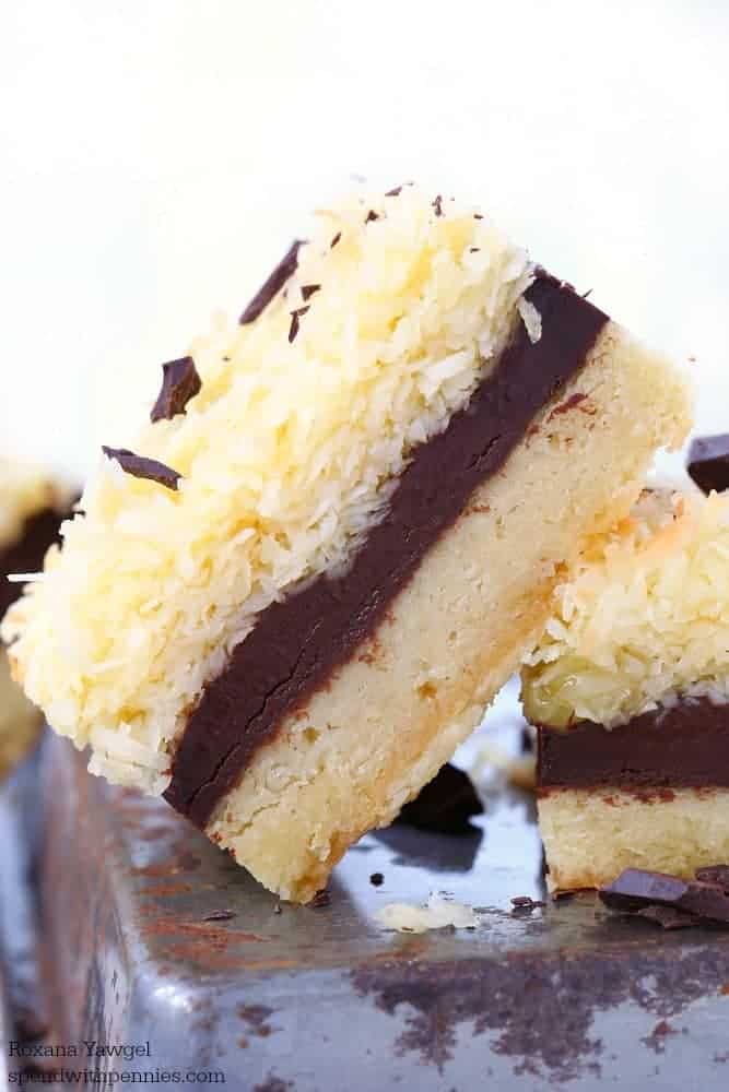close up of two fudge ripple coconut bars