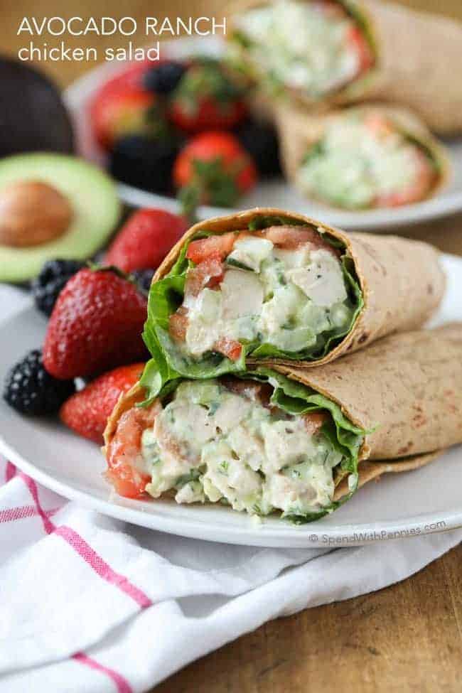 Avocado Ranch Chicken Salad Wrap on a plate with berries