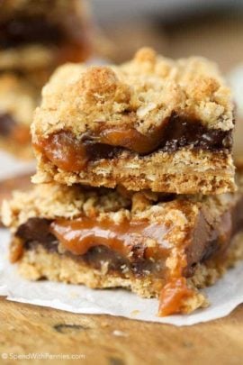 Chocolate Caramelitas stacked on parchment paper