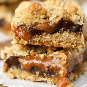 Chocolate Caramelitas stacked on parchment paper