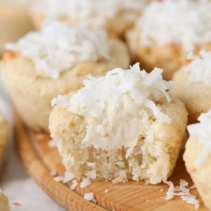 closeup of Coconut Sugar Cookie Cups with one cut open