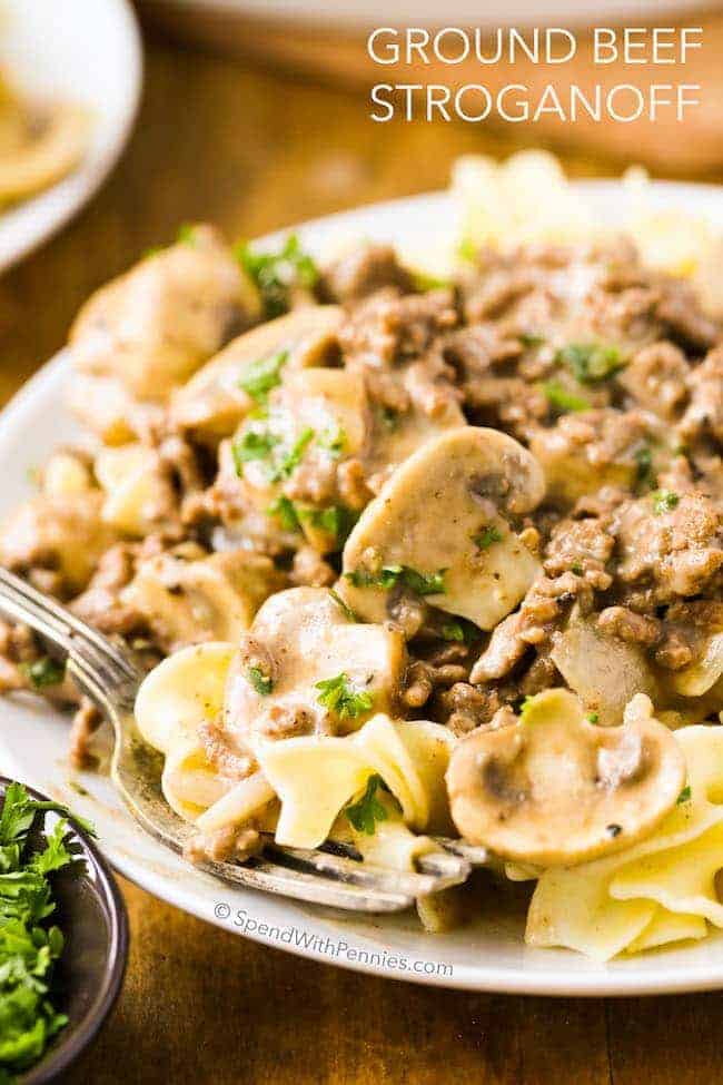 Ground Beef Stroganoff with mushrooms on a plate with a fork with text